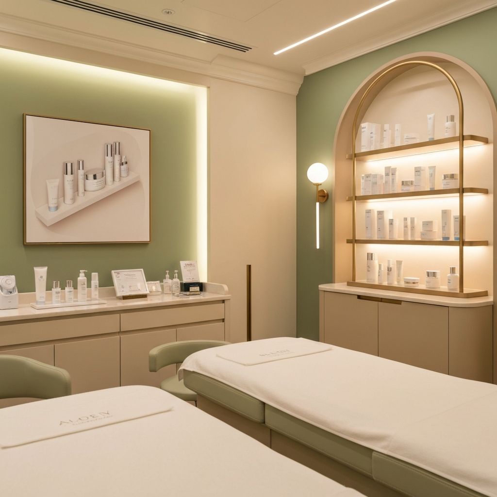 Luxury aesthetic clinic interior with warm lighting and elegant decor